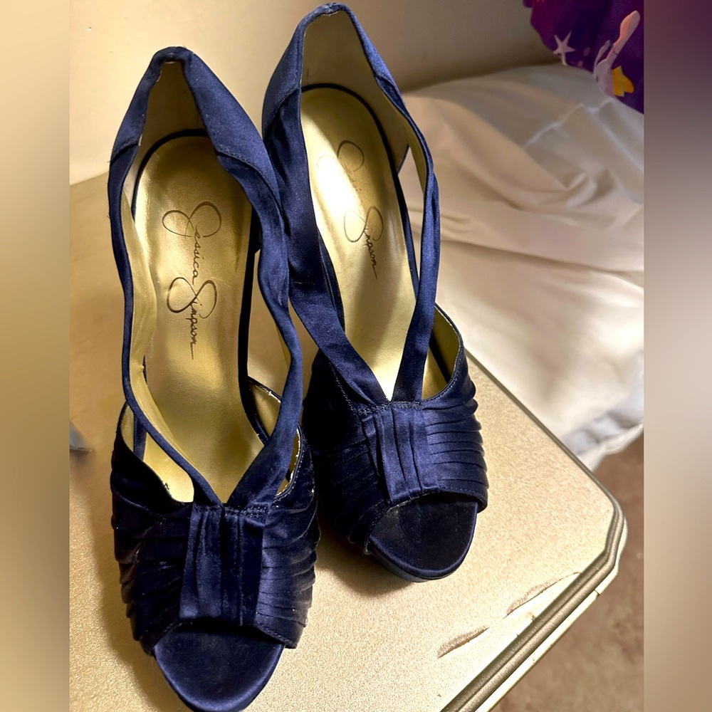 Jessica Simpson Womens Blue Satin Platform 5” Stiletto Heels Peep Toe Sz 7 1/2 B